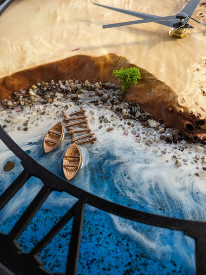 Moss & Beach Wave Wood Resin Wall Clock: Epoxy Ocean Decor