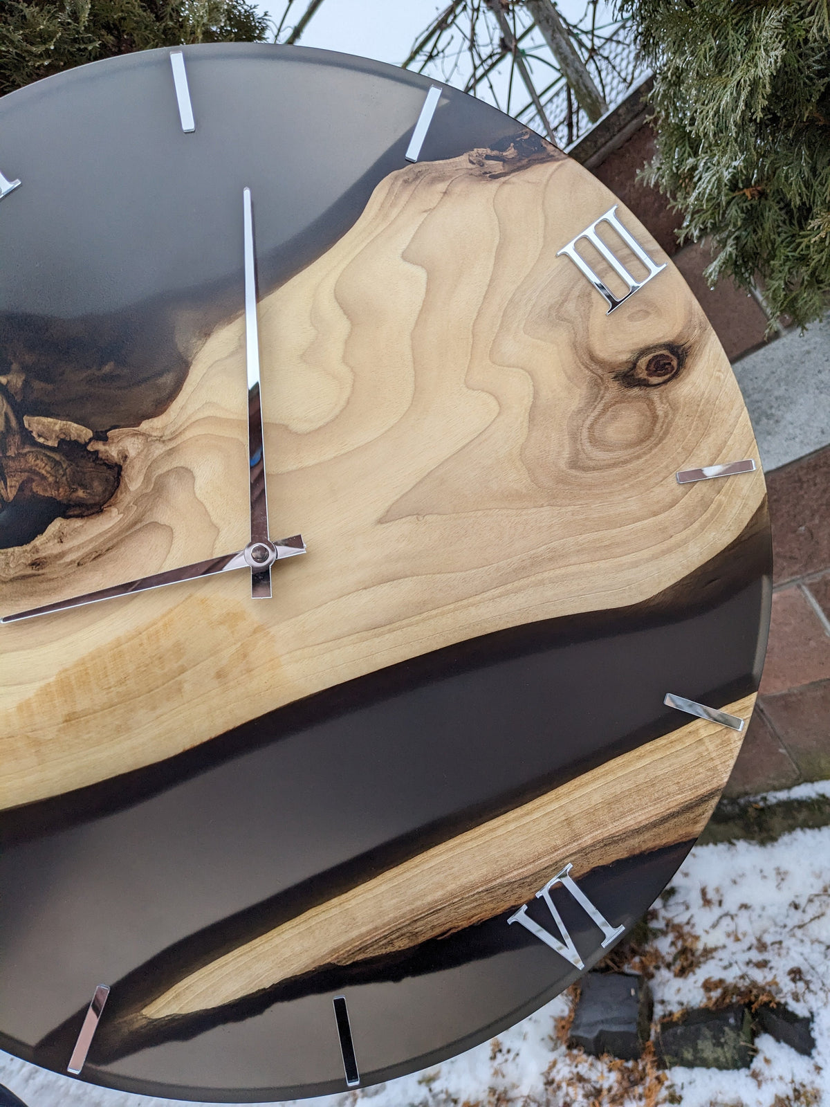 Handmade Walnut Wood Wall Clock with Black Resin & Acrylic Numbers