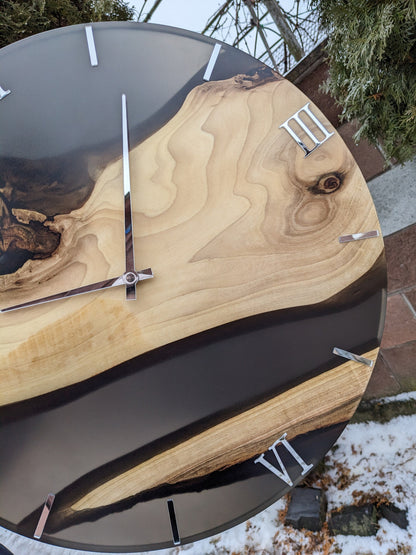 Handmade Walnut Wood Wall Clock with Black Resin & Acrylic Numbers