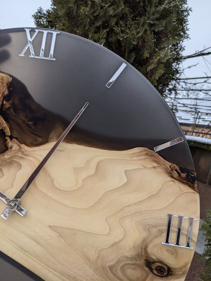 Handmade Walnut Wood Wall Clock with Black Resin & Acrylic Numbers