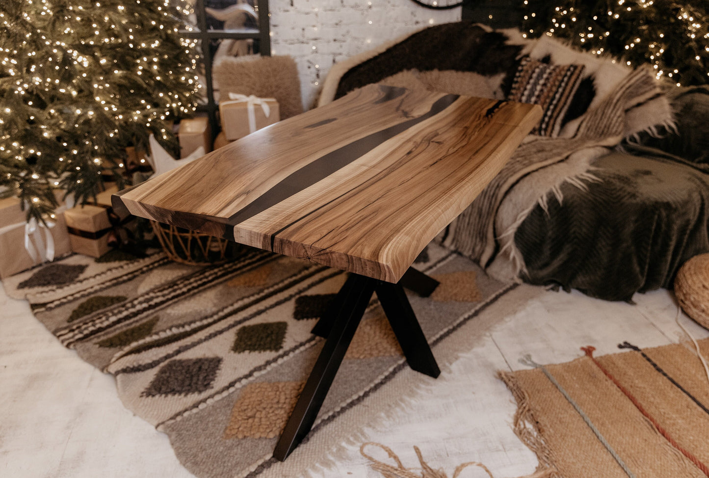 Walnut Epoxy Resin River Dining Table: Live Edge, Black Metal Legs