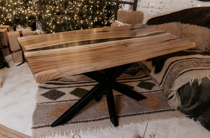 Walnut Epoxy Resin River Dining Table: Live Edge, Black Metal Legs