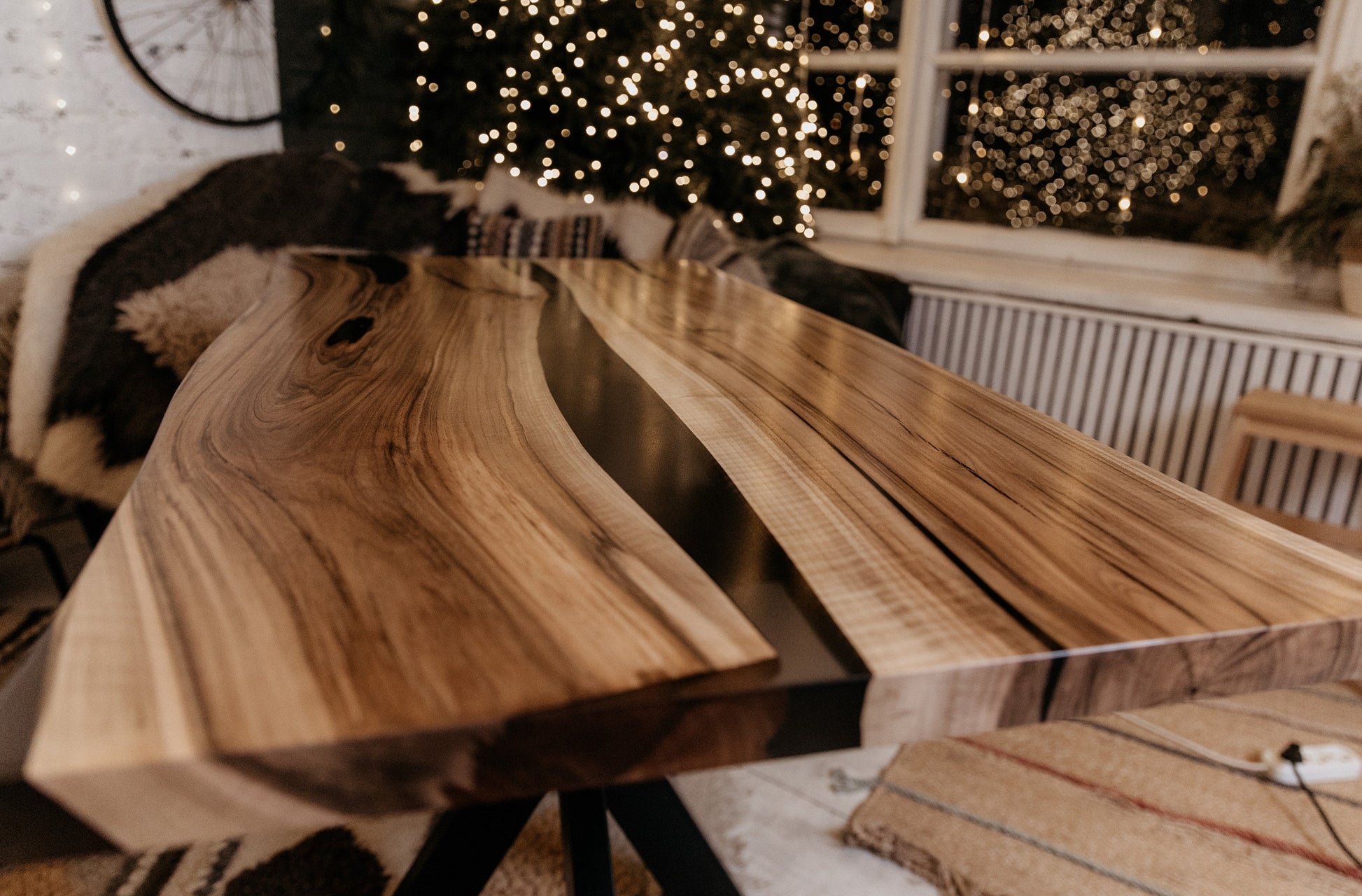 Walnut Epoxy Resin River Dining Table: Live Edge, Black Metal Legs
