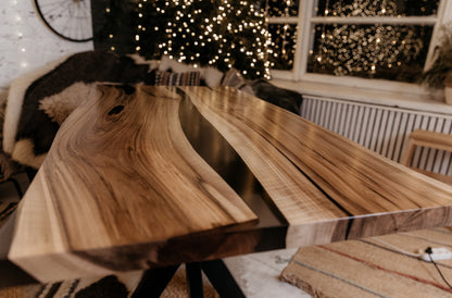 Walnut Epoxy Resin River Dining Table: Live Edge, Black Metal Legs