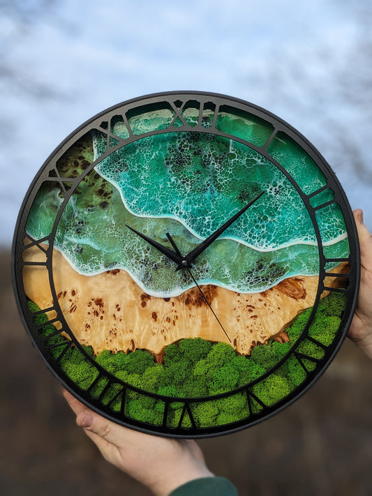 Epoxy Resin Wood Wall Clock: Metal Frame, Moss Decor (14'')
