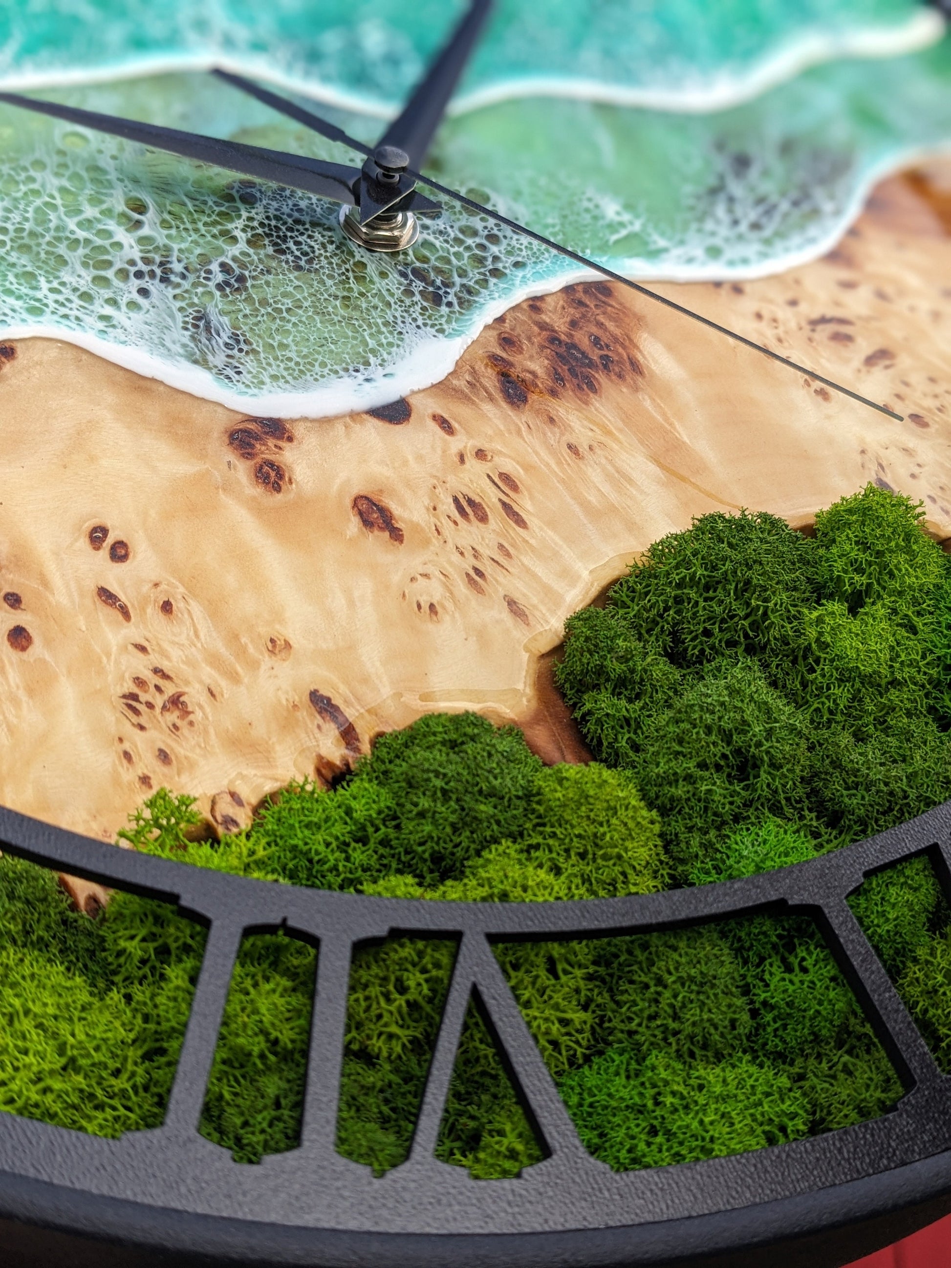 Epoxy Resin Wood Wall Clock: Metal Frame, Moss Decor (14'')