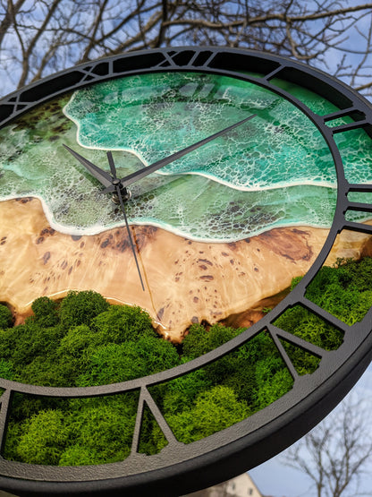 Epoxy Resin Wood Wall Clock: Metal Frame, Moss Decor (14'')