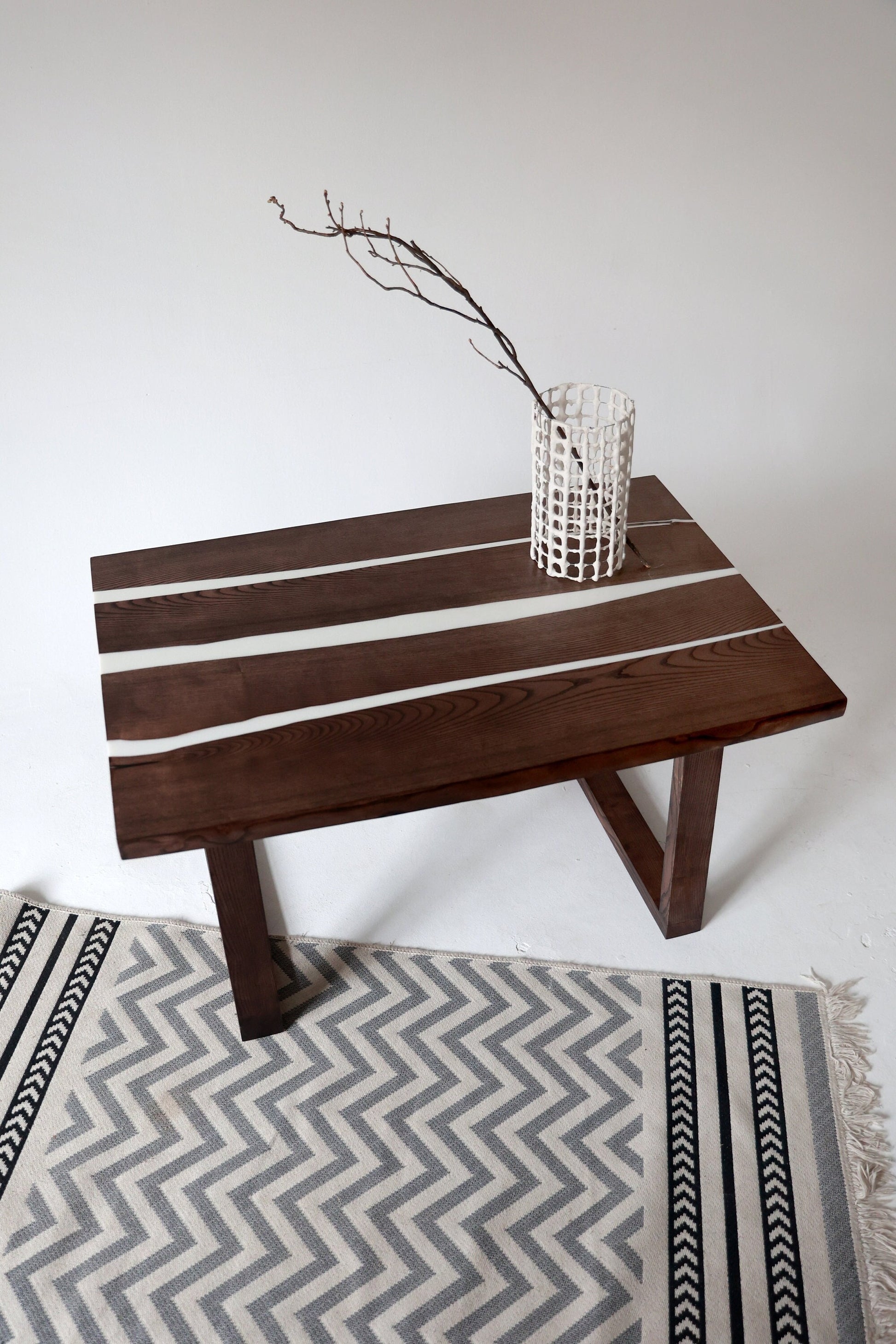 Ash Wood River Table: White Epoxy Resin, Handmade Dining Table