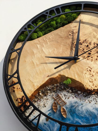 Moss & Beach Wave Wood Resin Wall Clock: Epoxy Ocean Decor