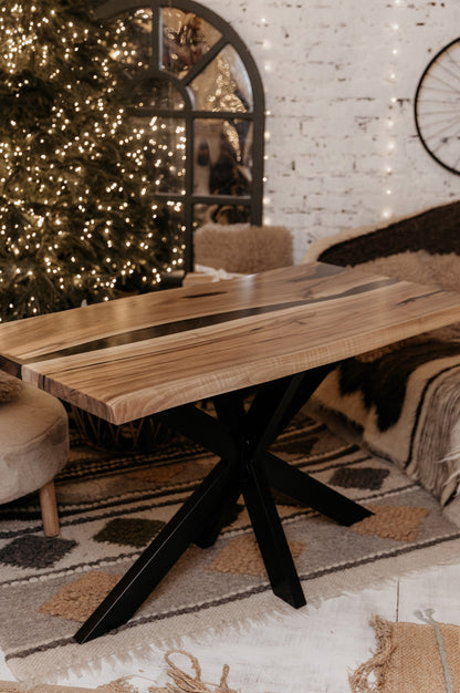 Walnut Epoxy Resin River Dining Table: Live Edge, Black Metal Legs