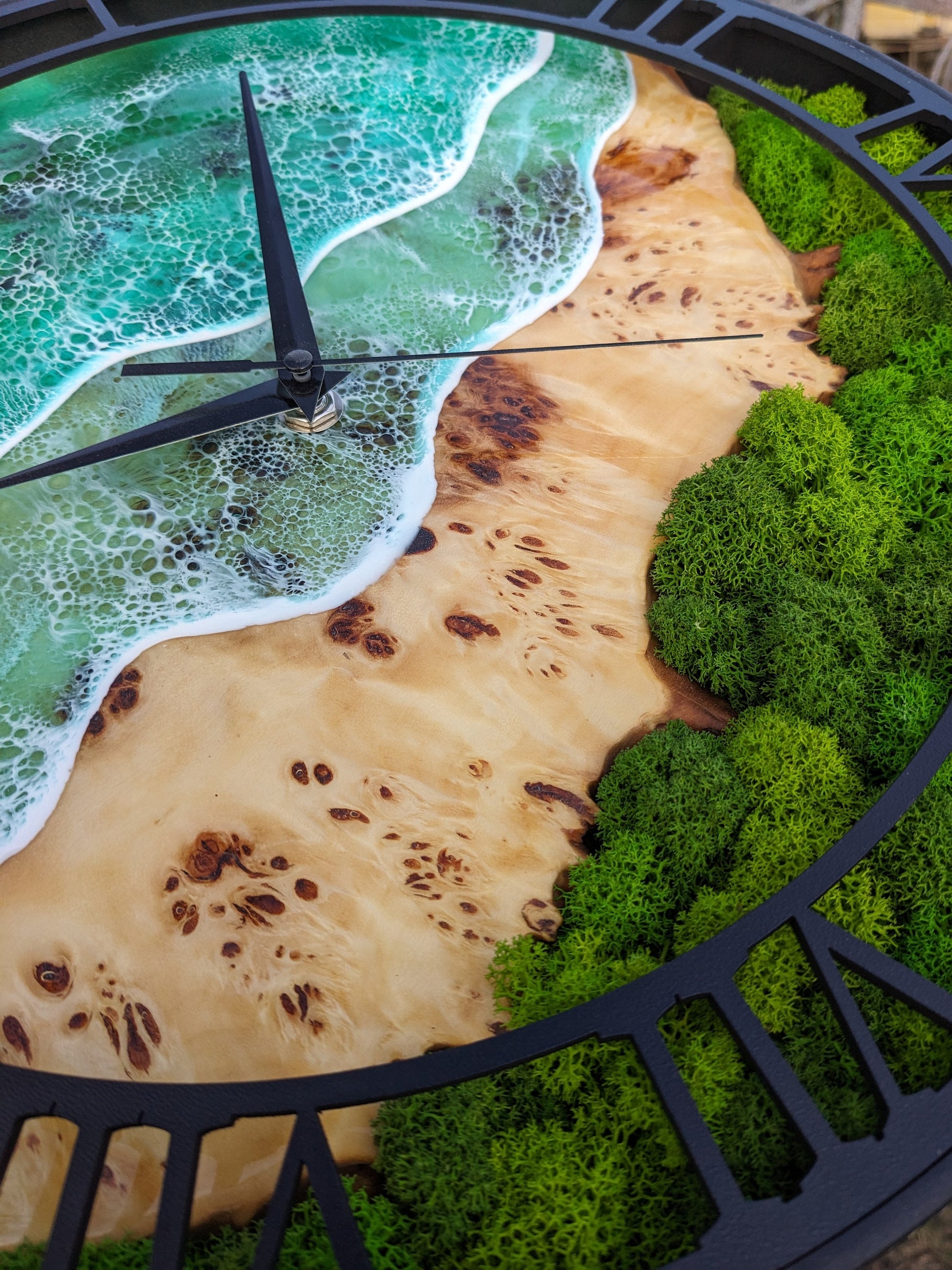 Epoxy Resin Wood Wall Clock: Metal Frame, Moss Decor (14'')