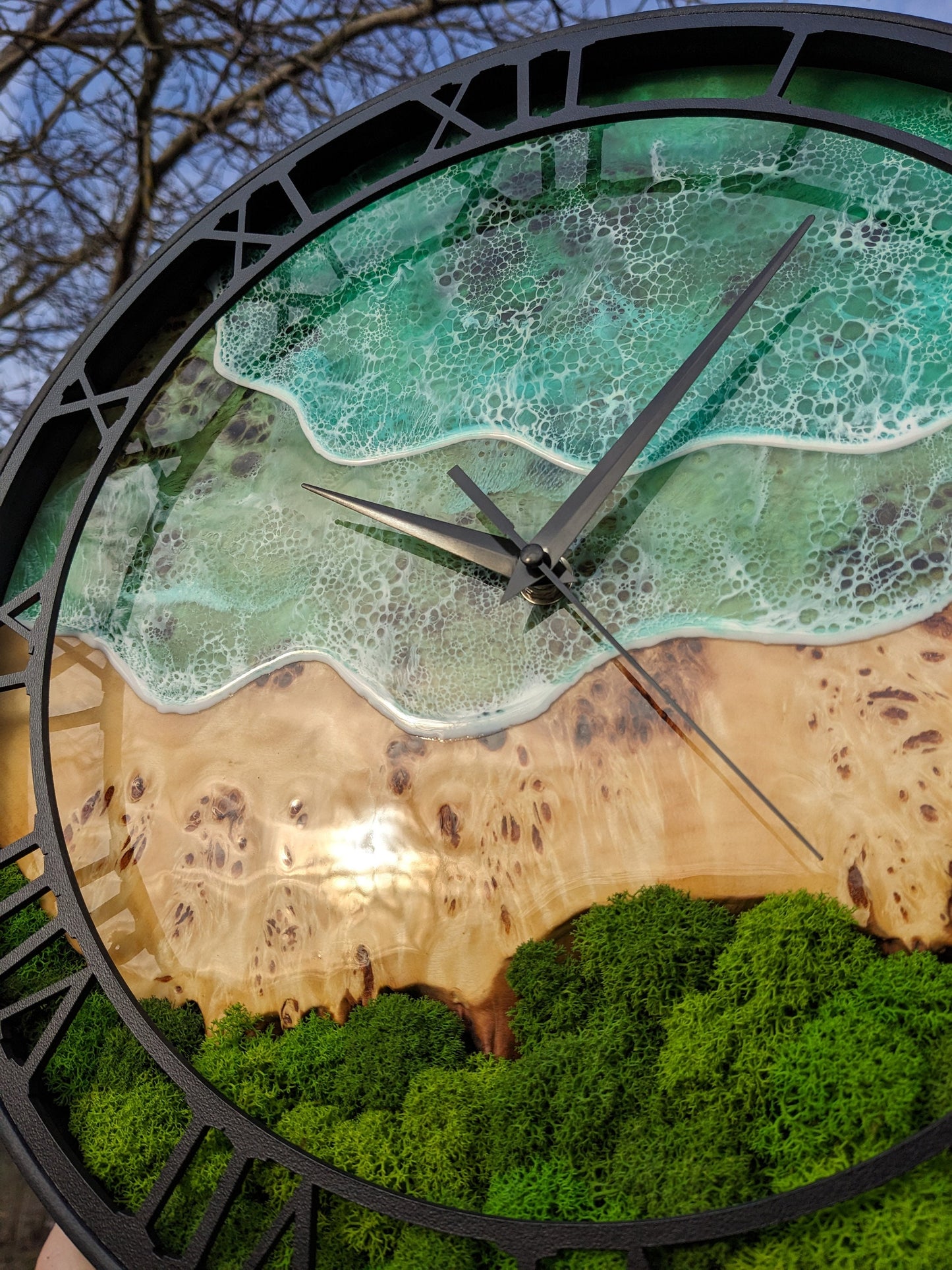 Epoxy Resin Wood Wall Clock: Metal Frame, Moss Decor (14'')