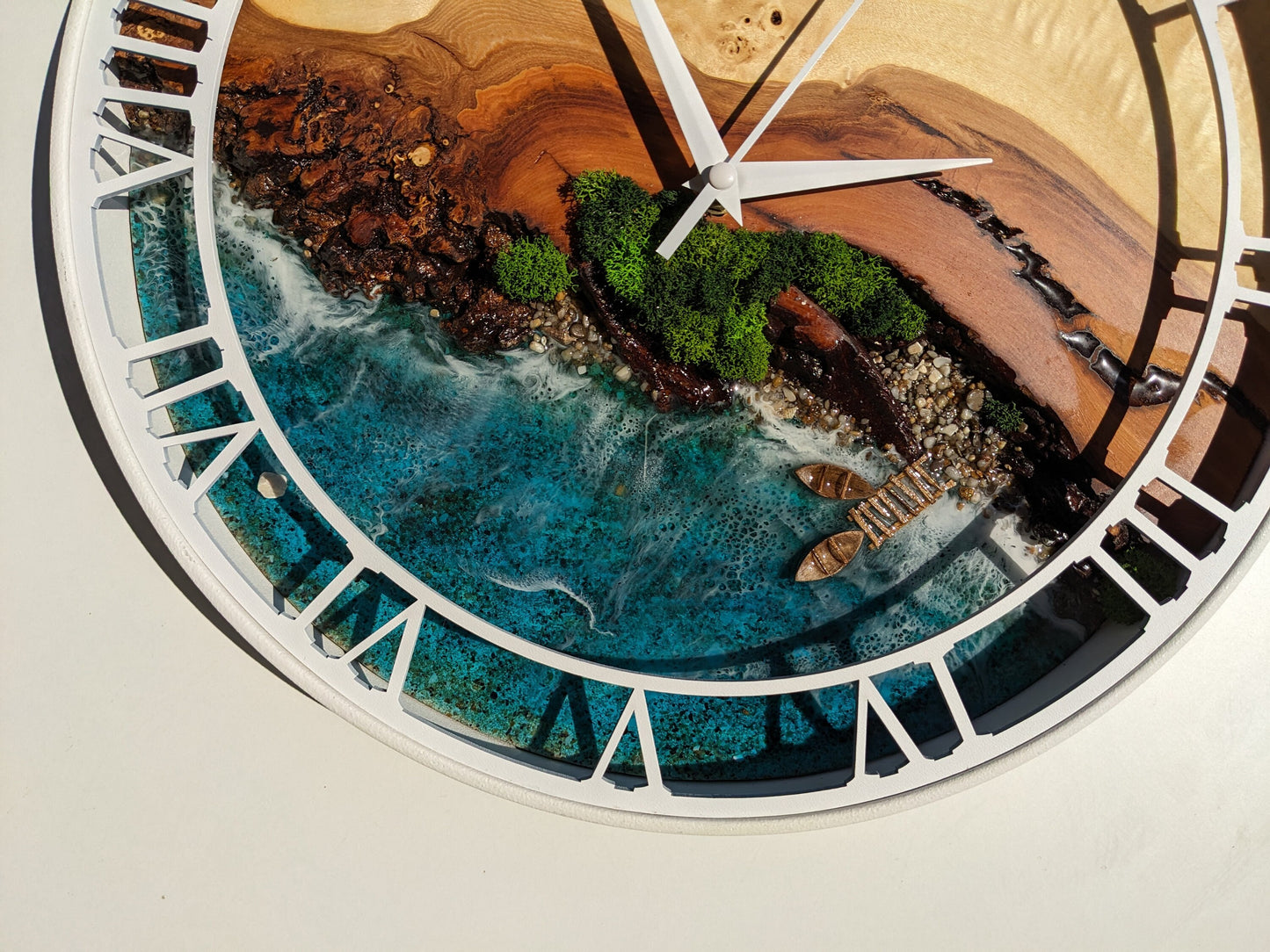 Moss & Epoxy Resin Clock: White Metal Frame, Rustic Wood Art