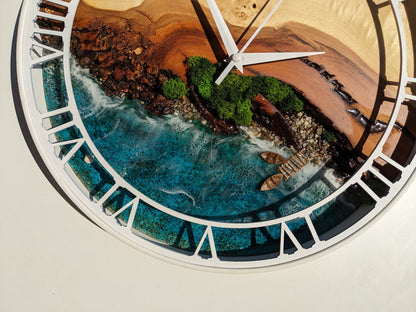 Moss & Epoxy Resin Clock: White Metal Frame, Rustic Wood Art