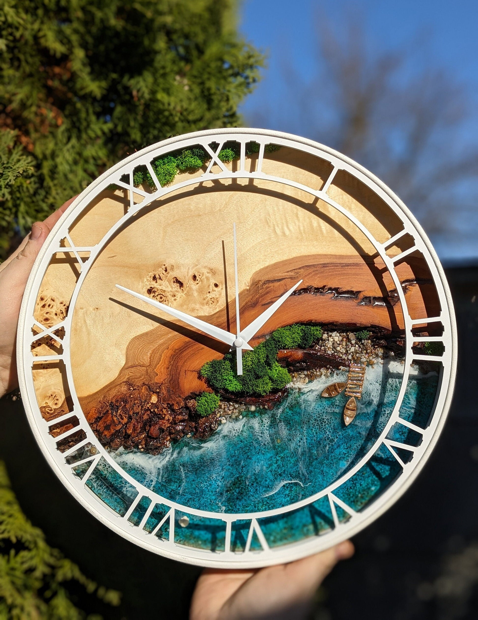 Moss & Epoxy Resin Clock: White Metal Frame, Rustic Wood Art