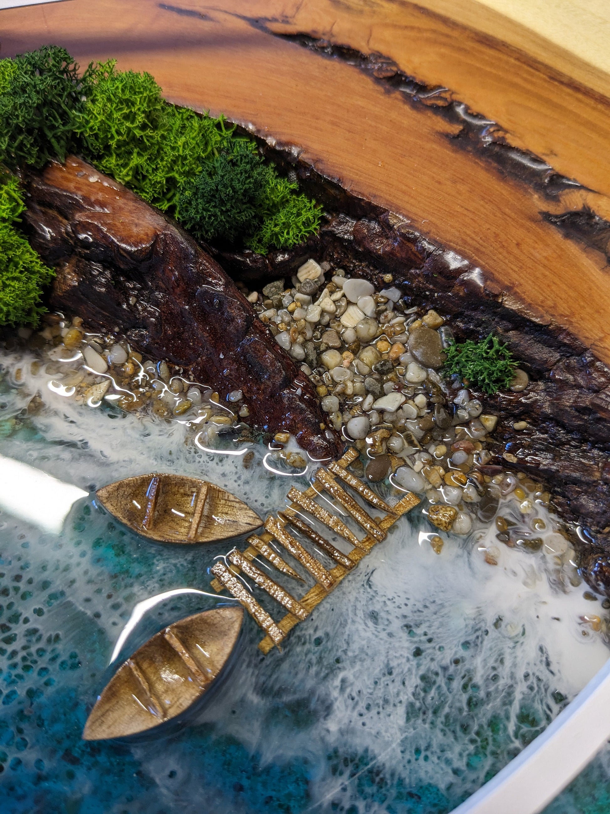 Moss and Wood Wall Clock: Epoxy Resin Ocean Art, Metal Frame