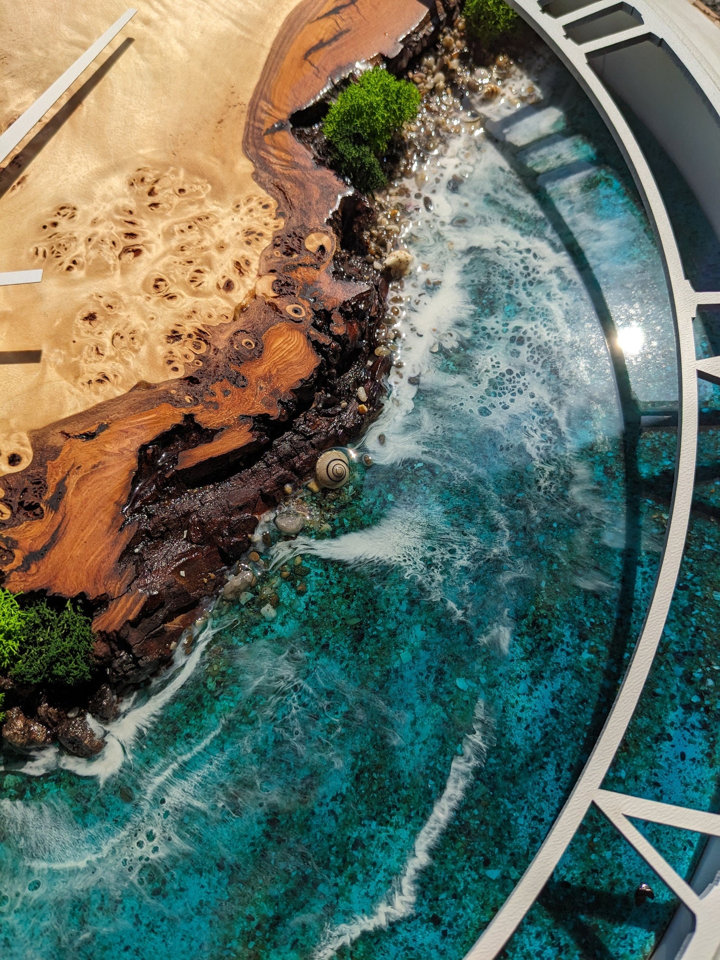 Moss and Wood Wall Clock: Epoxy Resin Ocean Art, Metal Frame