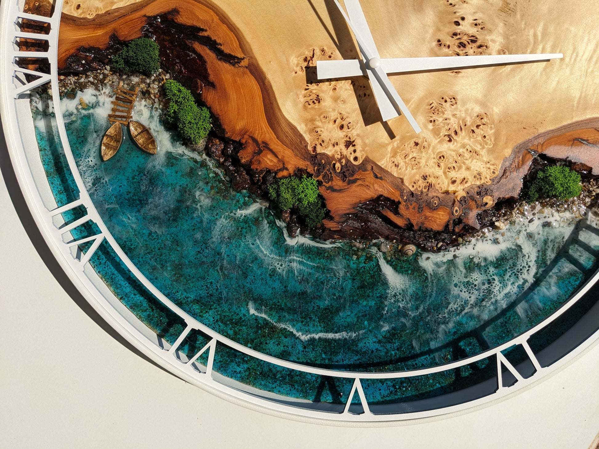Moss and Wood Wall Clock: Epoxy Resin Ocean Art, Metal Frame