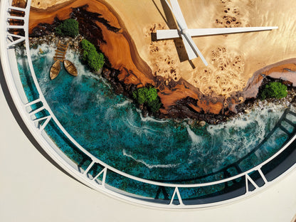 Moss and Wood Wall Clock: Epoxy Resin Ocean Art, Metal Frame