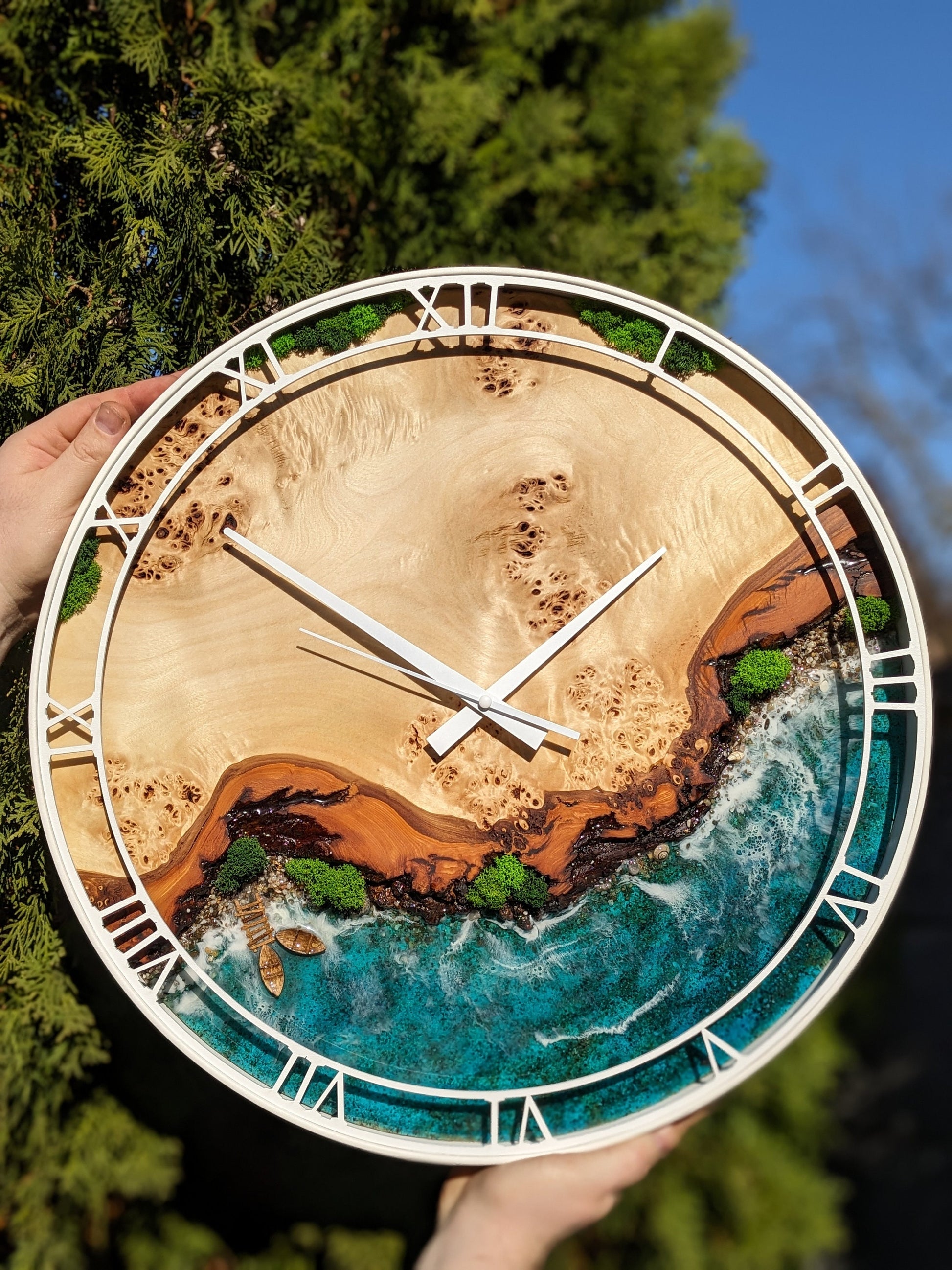 Moss and Wood Wall Clock: Epoxy Resin Ocean Art, Metal Frame