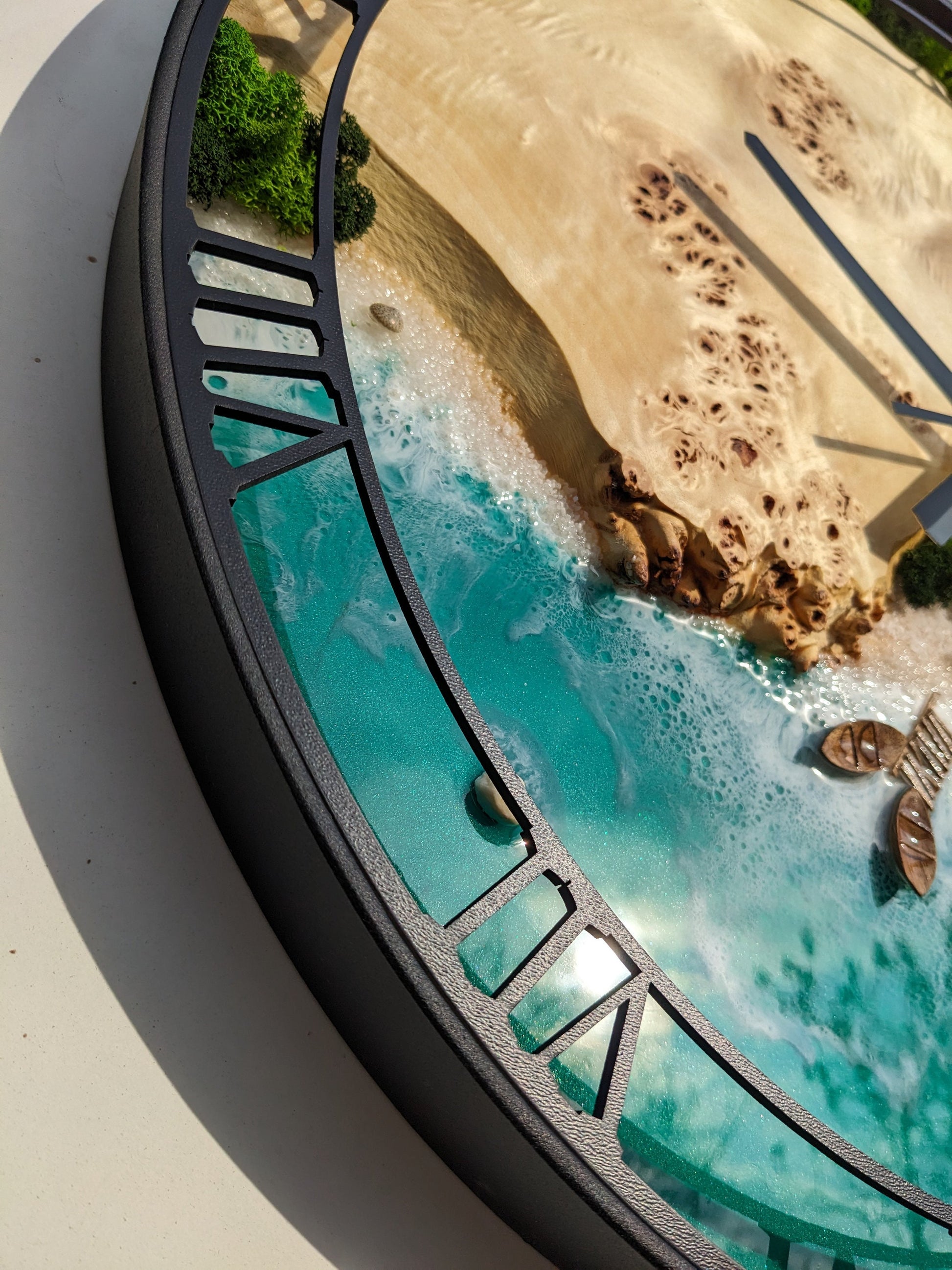 Moss & Ocean Resin Wall Clock: Metal Wood Frame, Stabilized Moss Art