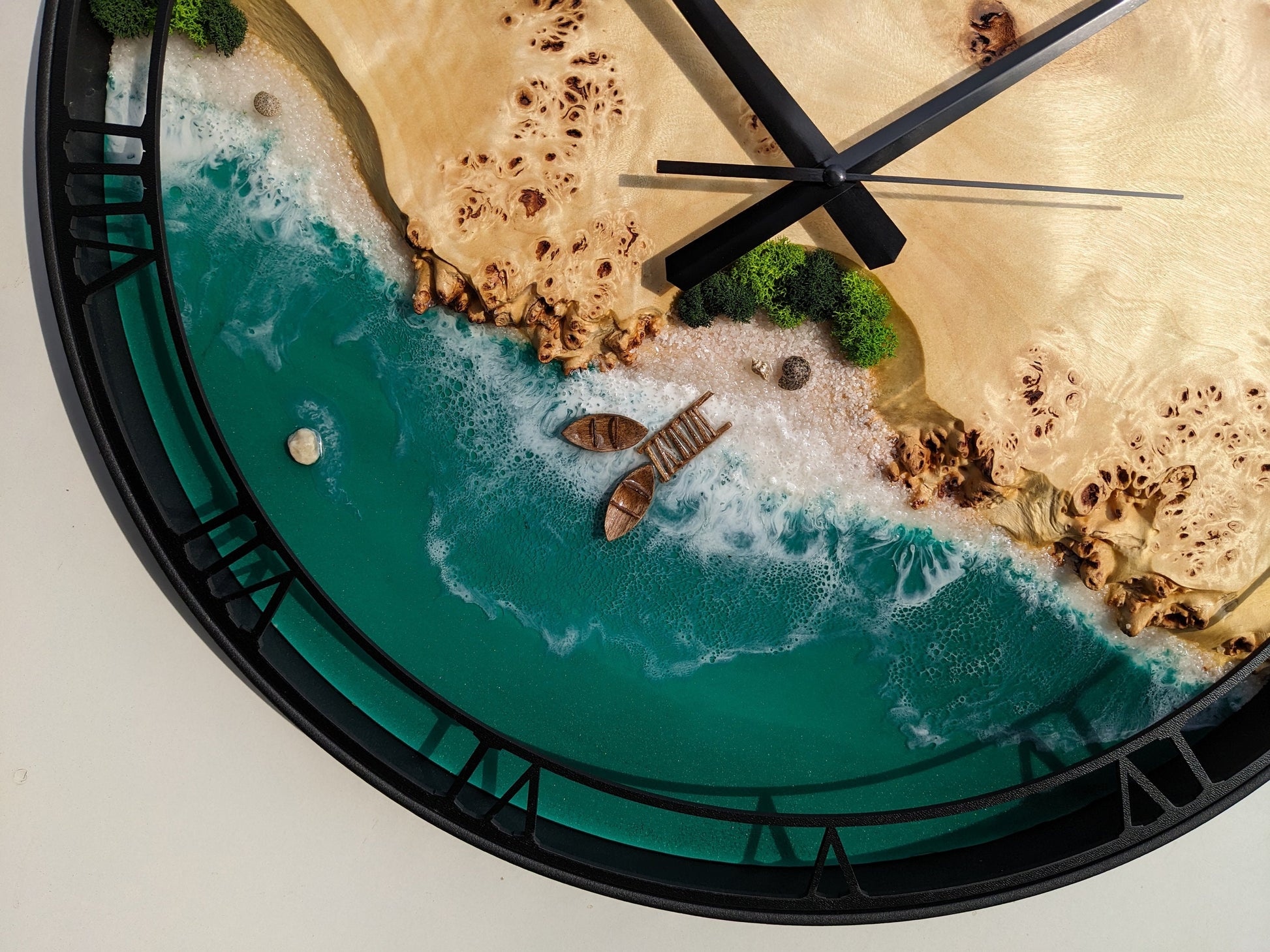 Moss & Ocean Resin Wall Clock: Metal Wood Frame, Stabilized Moss Art