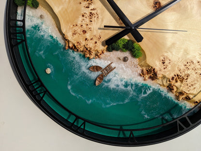 Moss & Ocean Resin Wall Clock: Metal Wood Frame, Stabilized Moss Art