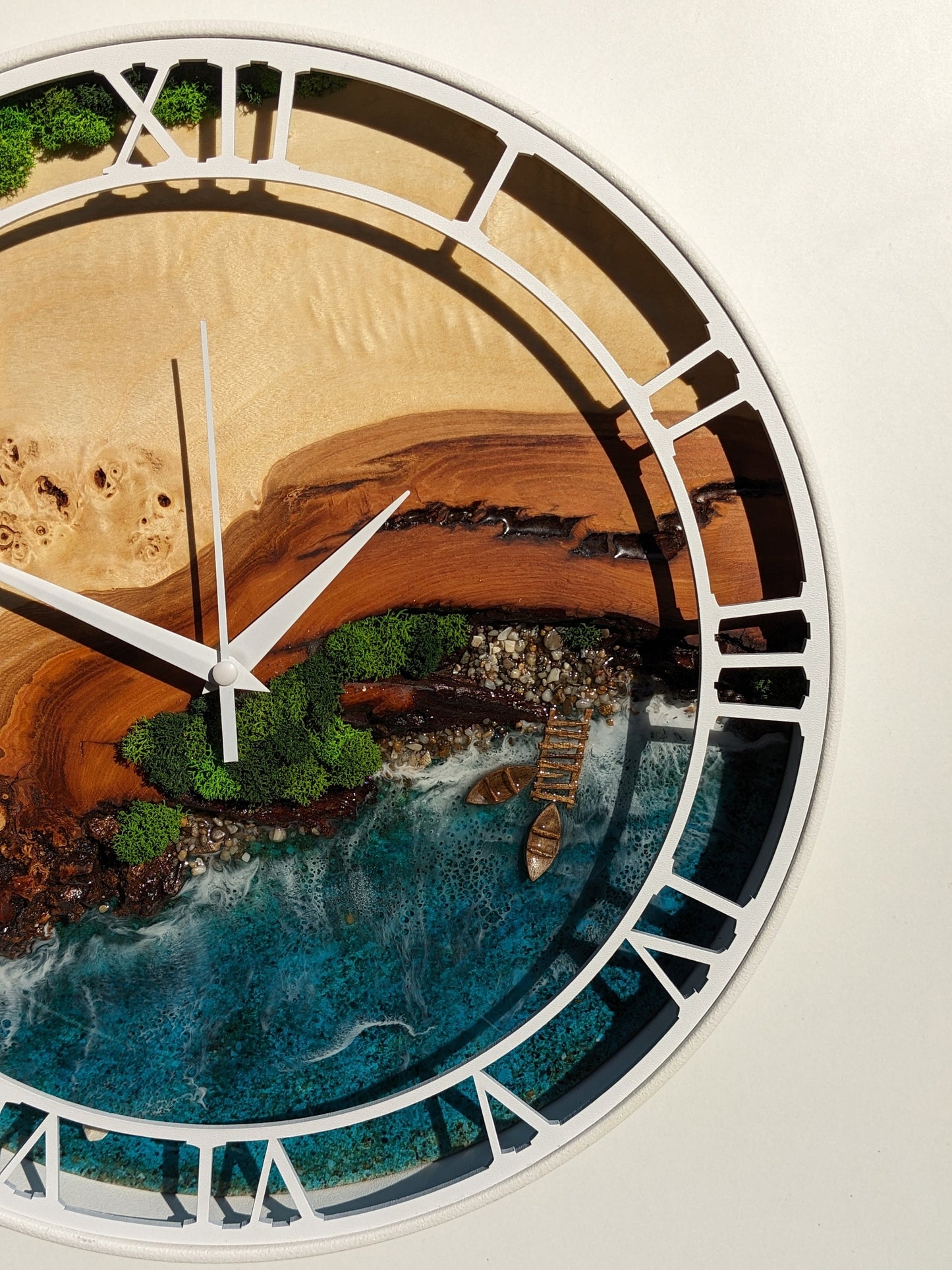 Moss & Epoxy Resin Clock: White Metal Frame, Rustic Wood Art