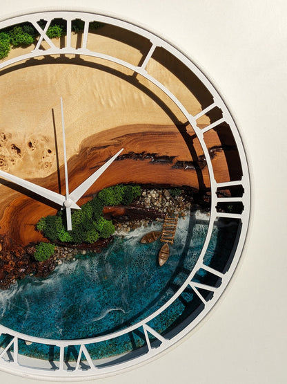 Moss & Epoxy Resin Clock: White Metal Frame, Rustic Wood Art
