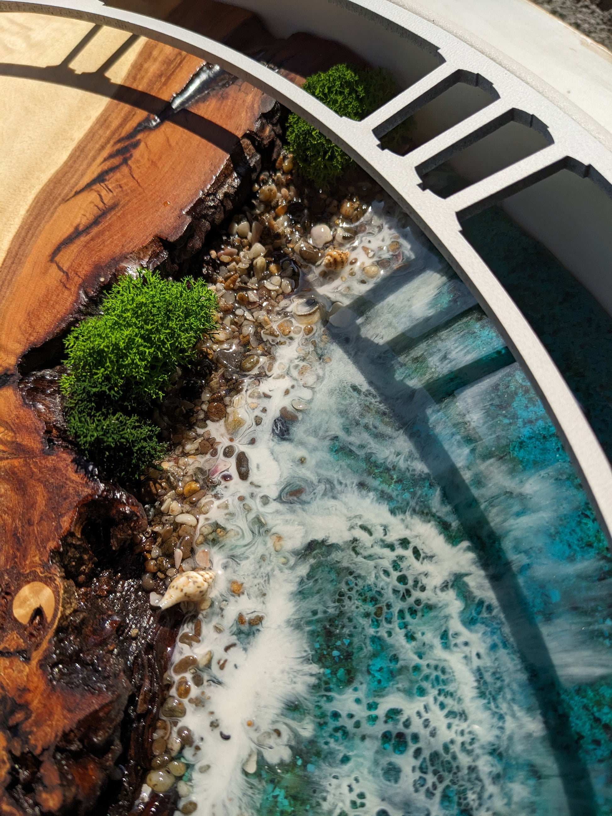 Moss and Wood Wall Clock: Epoxy Resin Ocean Art, Metal Frame