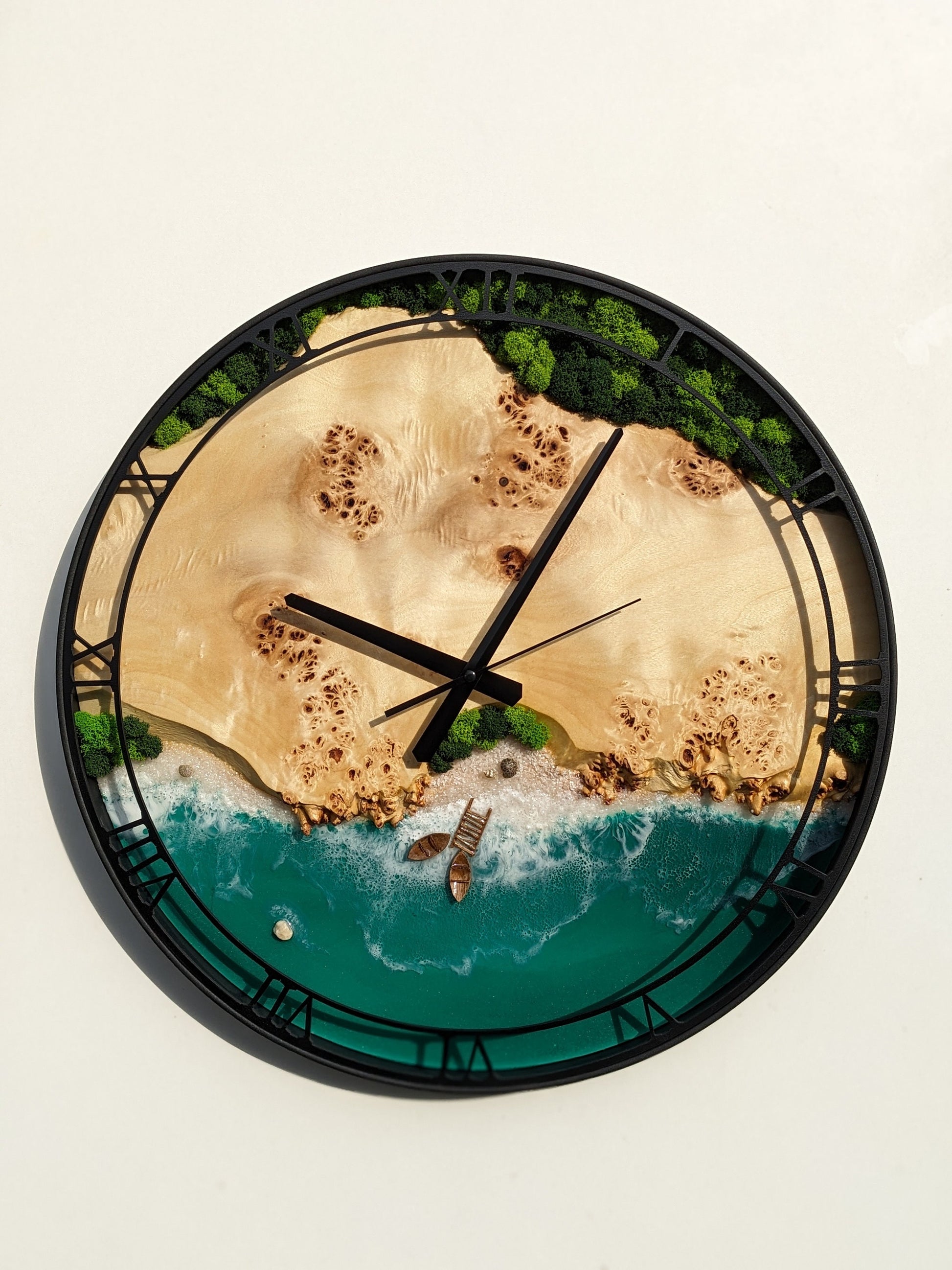 Moss & Ocean Resin Wall Clock: Metal Wood Frame, Stabilized Moss Art