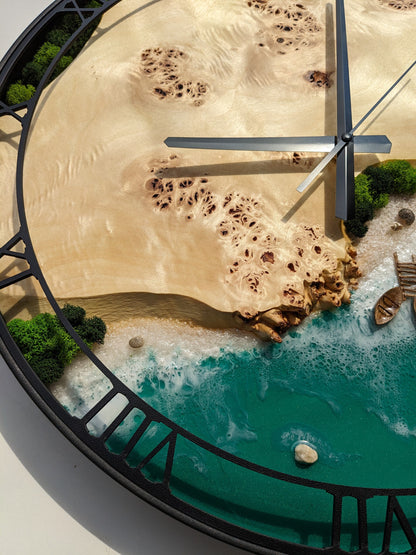 Moss & Ocean Resin Wall Clock: Metal Wood Frame, Stabilized Moss Art