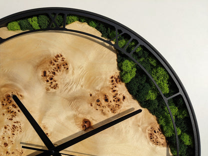Moss & Ocean Resin Wall Clock: Metal Wood Frame, Stabilized Moss Art