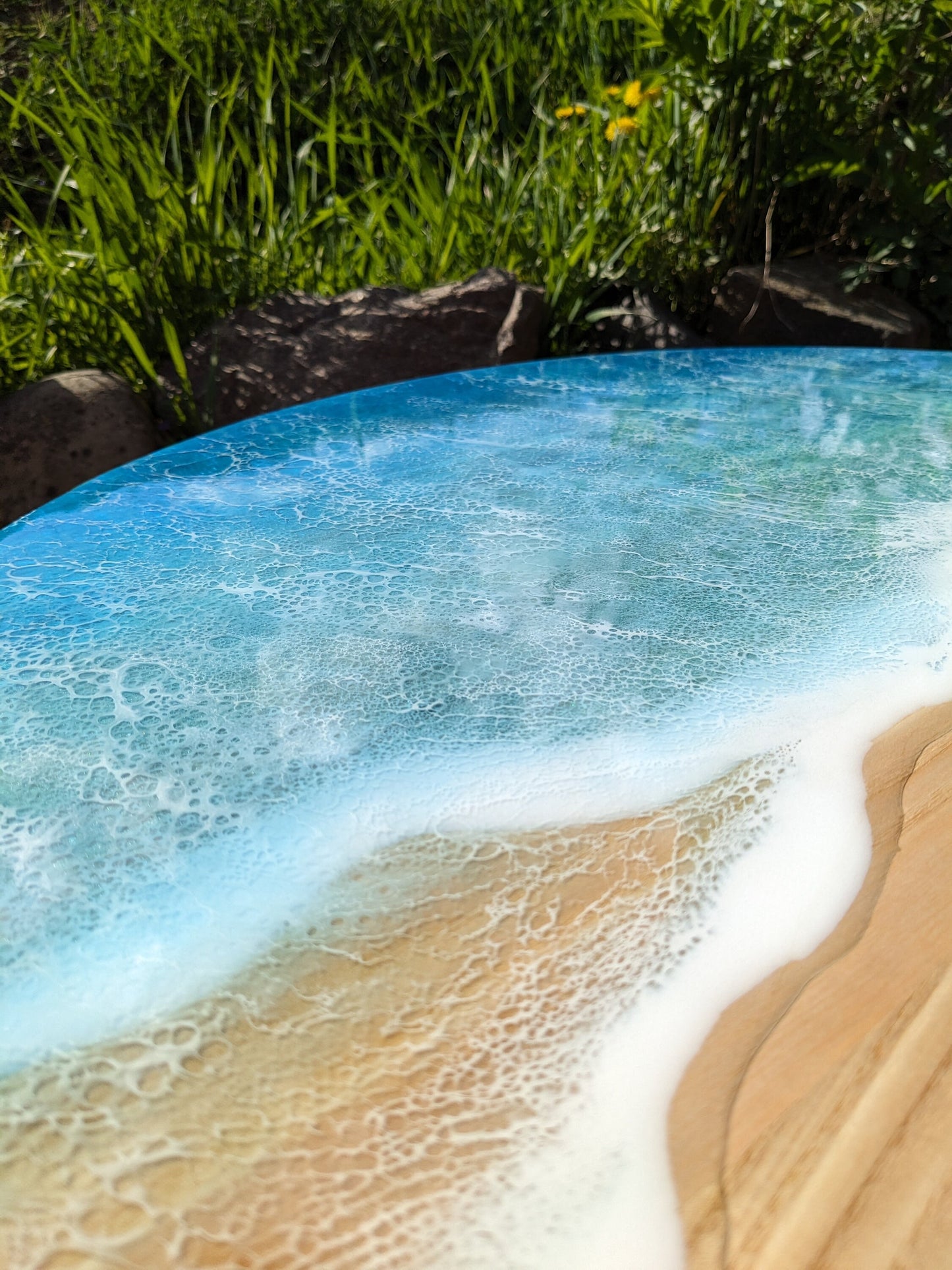 Handmade Round Epoxy Resin Table: Ocean Waves Wood Accent Table