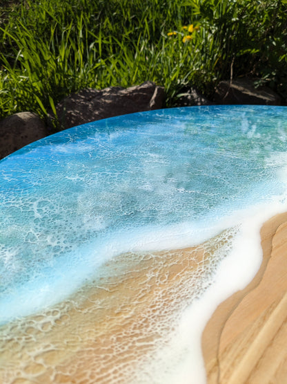 Handmade Round Epoxy Resin Table: Ocean Waves Wood Accent Table
