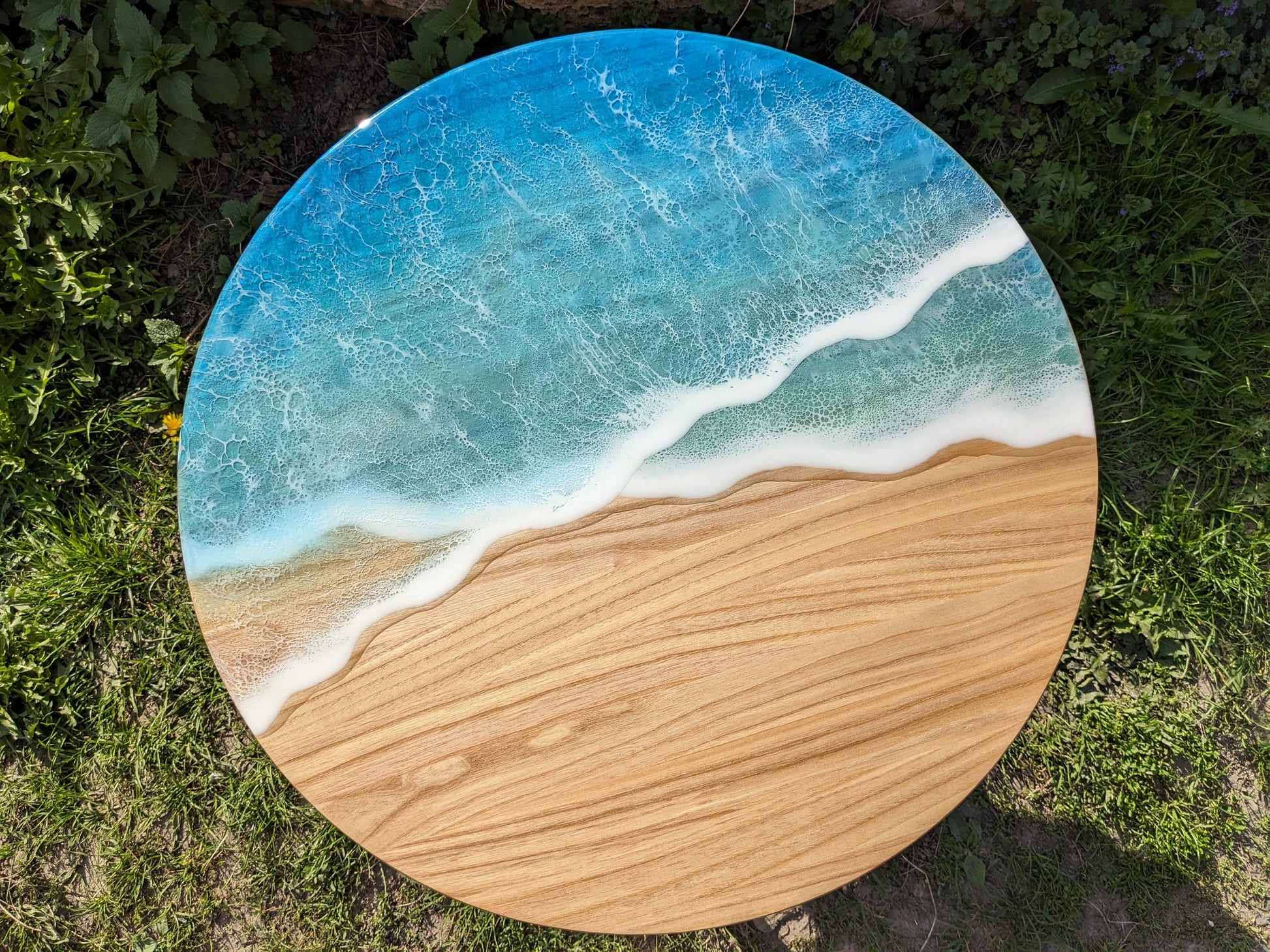 Handmade Round Epoxy Resin Table: Ocean Waves Wood Accent Table