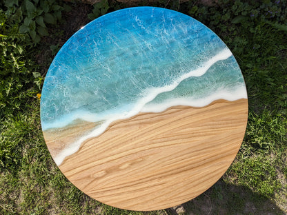 Handmade Round Epoxy Resin Table: Ocean Waves Wood Accent Table