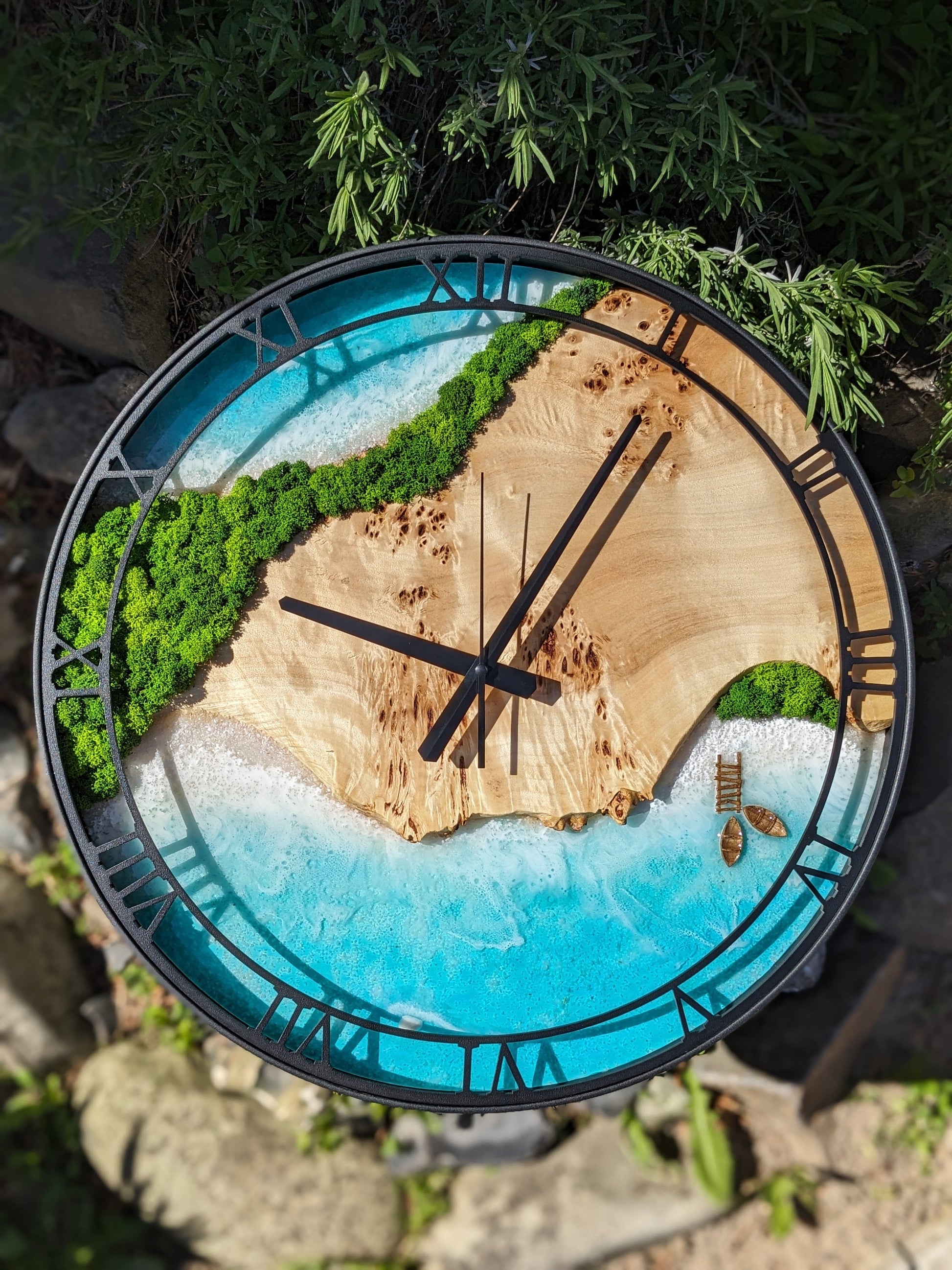 Custom Moss and Wood Wall Clock with Epoxy Resin Art