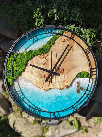 Custom Moss and Wood Wall Clock with Epoxy Resin Art