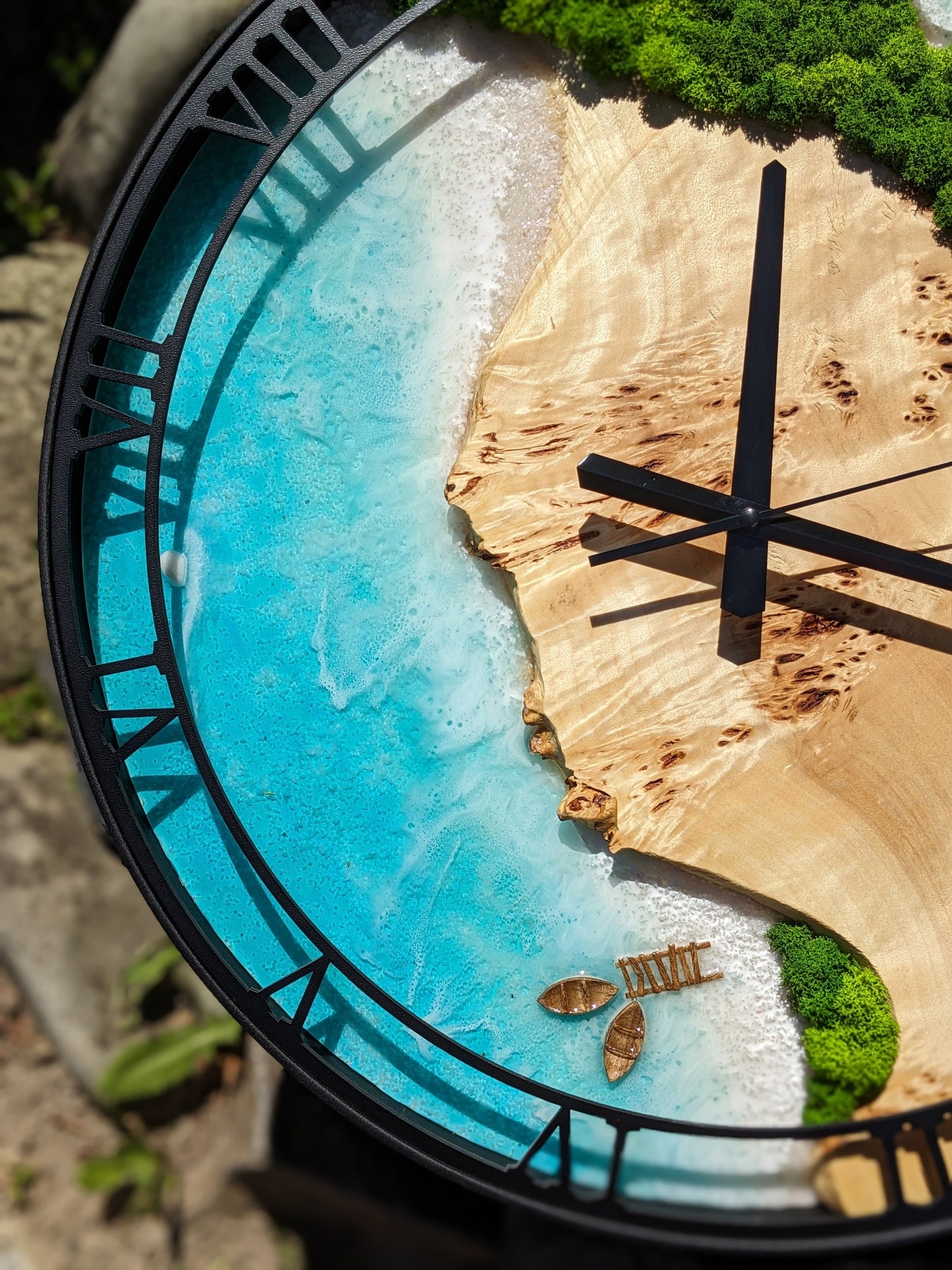 Custom Moss and Wood Wall Clock with Epoxy Resin Art