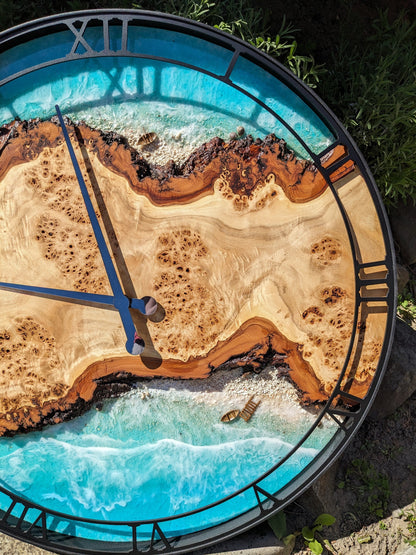 Oversized Resin Wall Clock: Live Edge Wood, Ocean Theme (27.5")