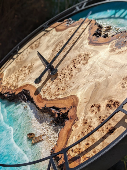Oversized Resin Wall Clock: Live Edge Wood, Ocean Theme (27.5")