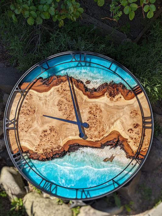 Oversized Resin Wall Clock: Live Edge Wood, Ocean Theme (27.5")