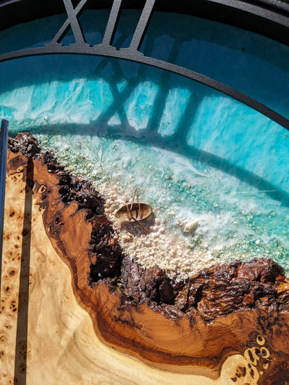 Oversized Resin Wall Clock: Live Edge Wood, Ocean Theme (27.5")