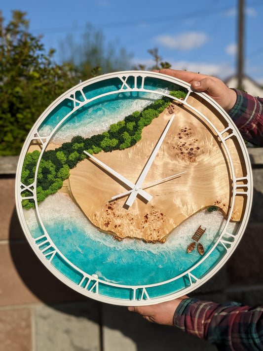 Wood Resin Wall Clock: Large Moss Art, Metal Edge (20")