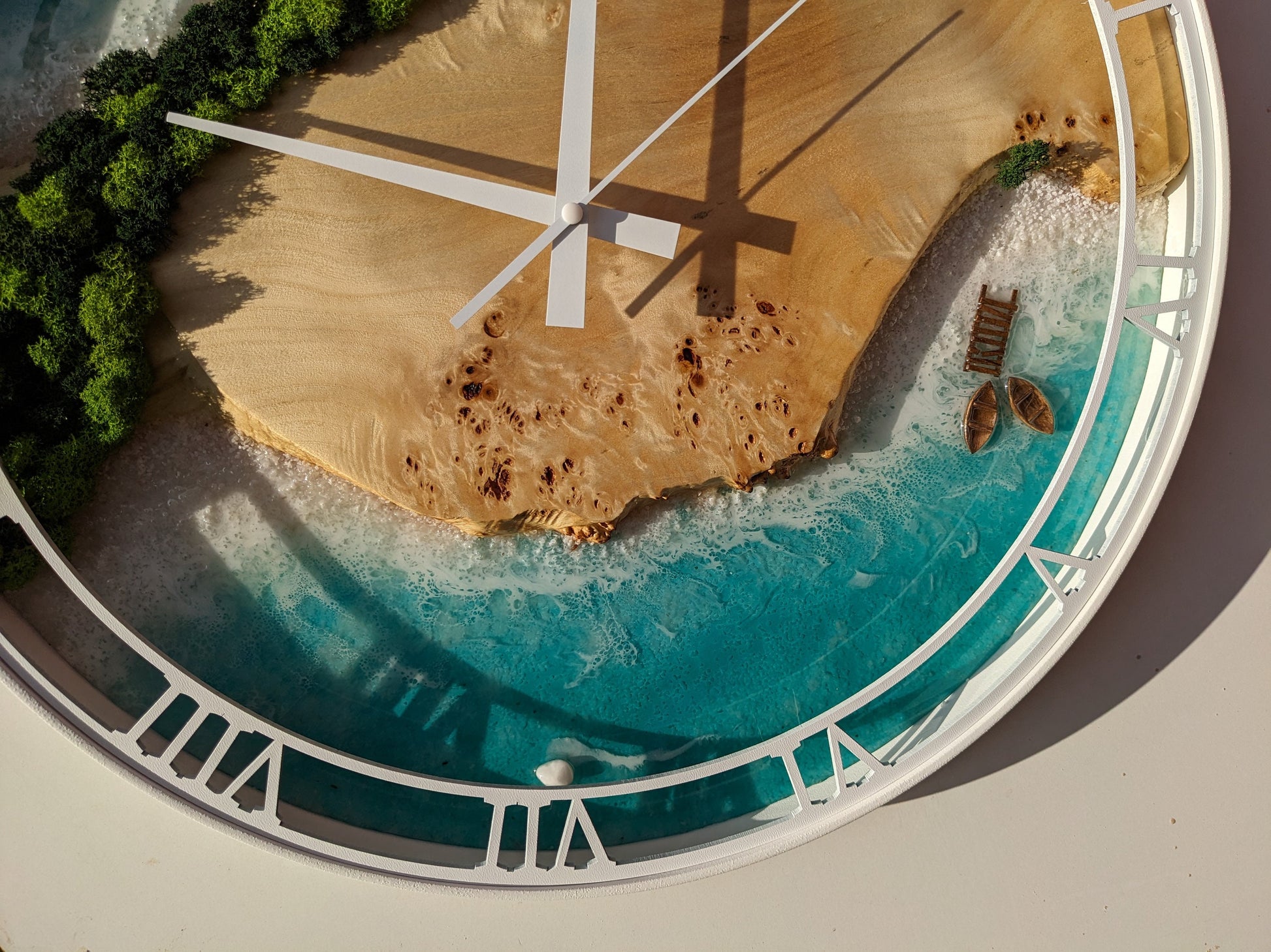 Wood Resin Wall Clock: Large Moss Art, Metal Edge (20")
