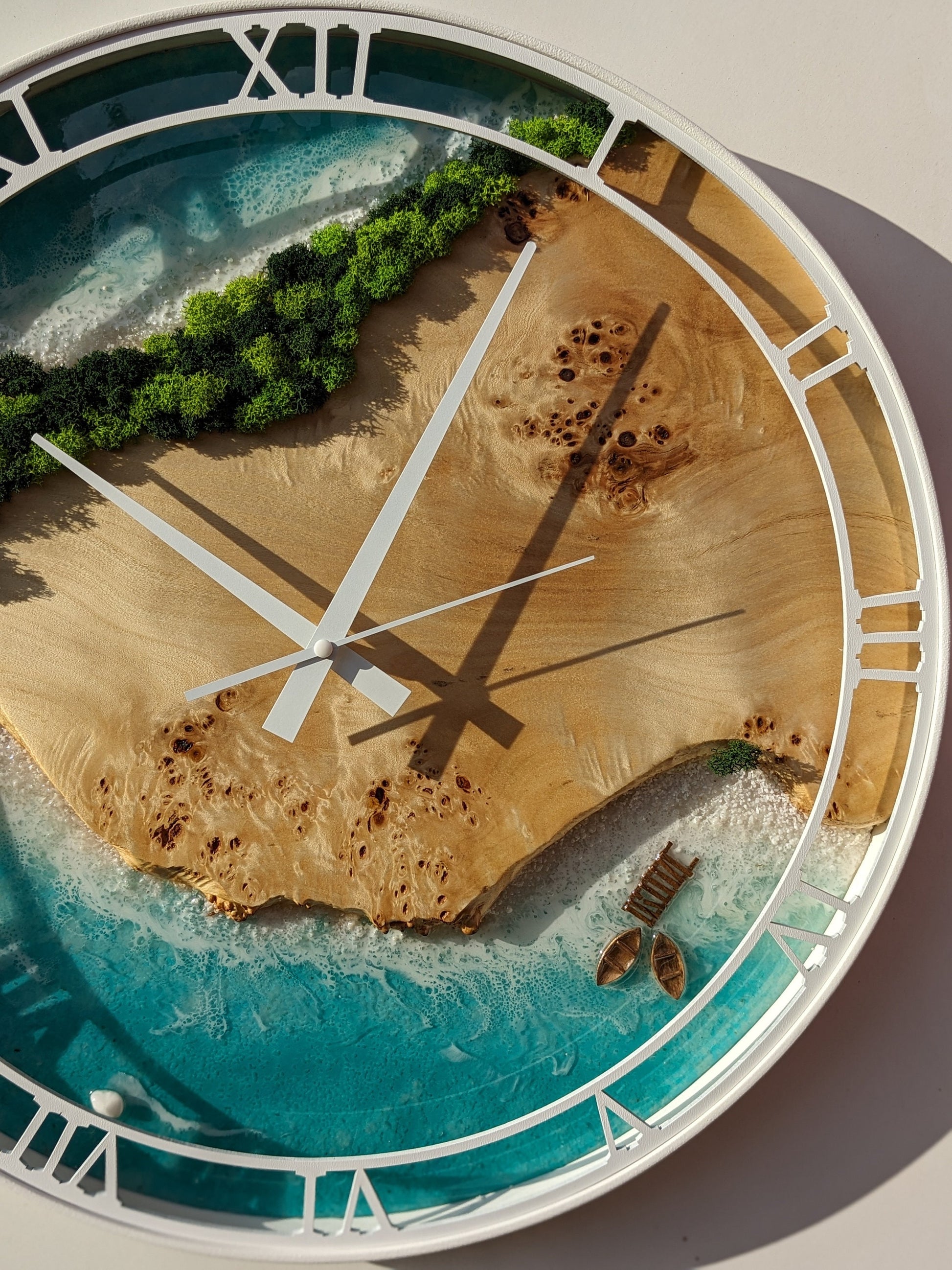 Wood Resin Wall Clock: Large Moss Art, Metal Edge (20")