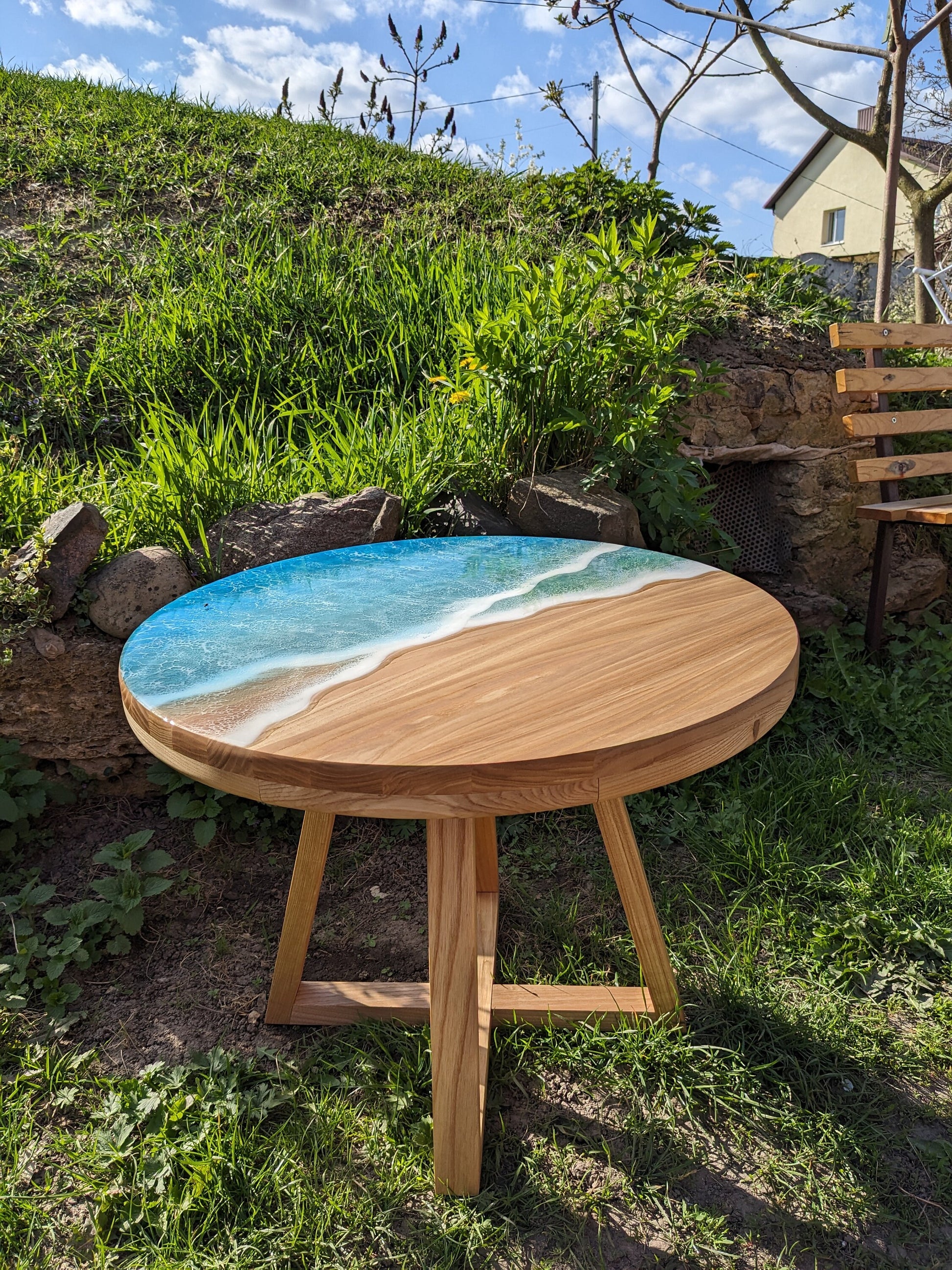 Handmade Round Epoxy Resin Table: Ocean Waves Wood Accent Table