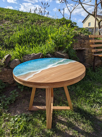 Handmade Round Epoxy Resin Table: Ocean Waves Wood Accent Table