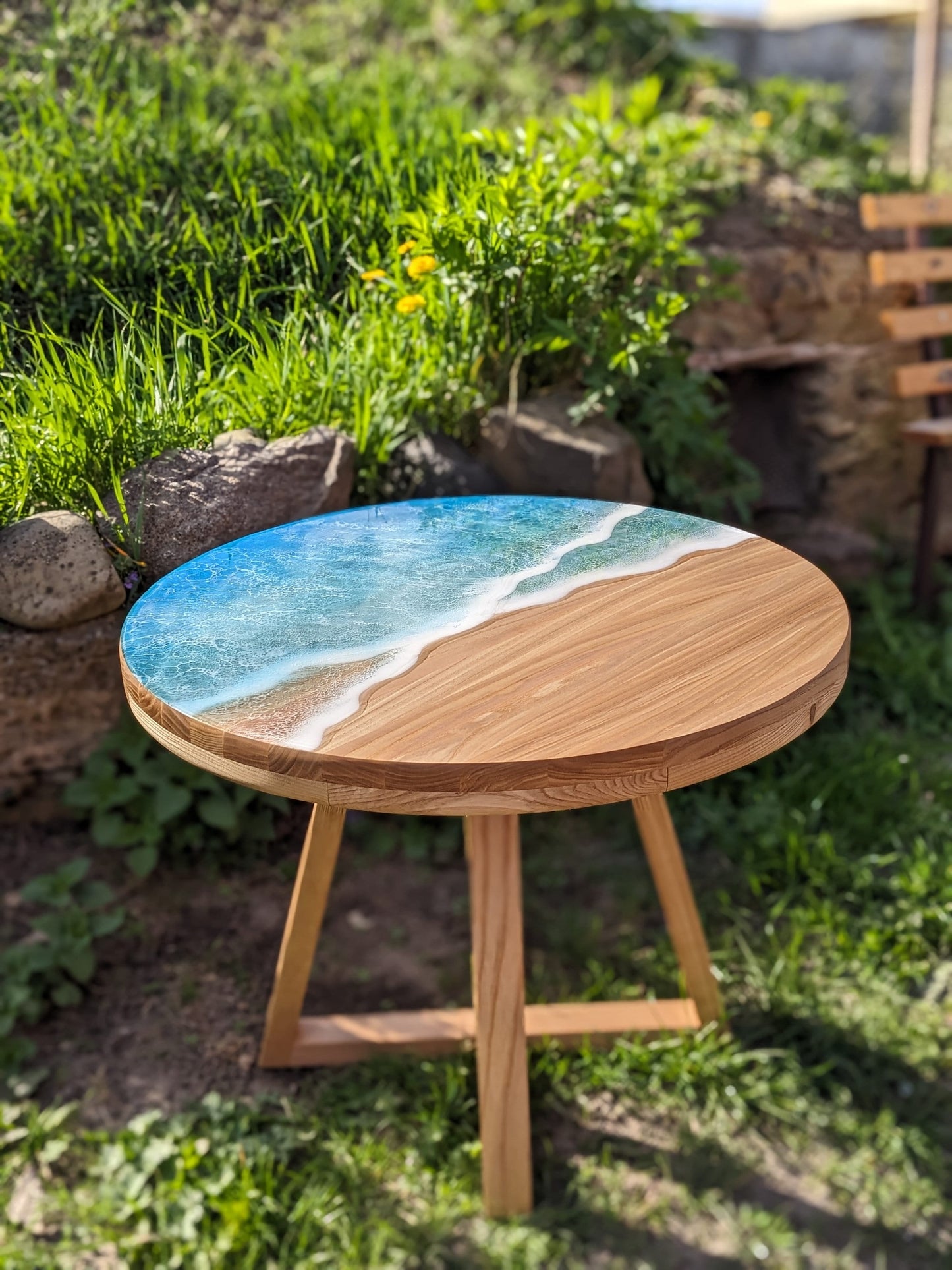 Handmade Round Epoxy Resin Table: Ocean Waves Wood Accent Table